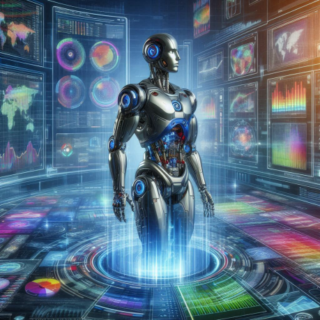 A robot stands in front of a computer screen displaying the Immediate Lasix Trading app interface.